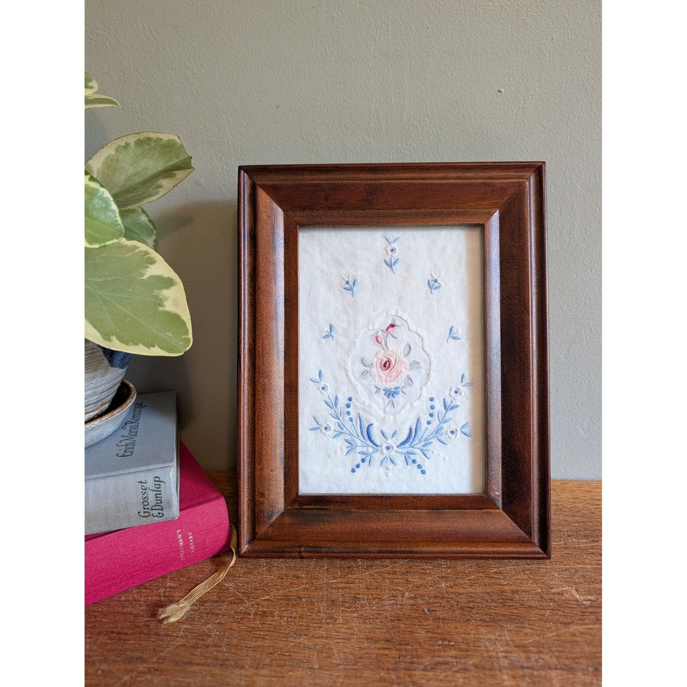 Vintage Hand Embroidered Floral Framed Wall Art Pink Rose Blue Wood Frame